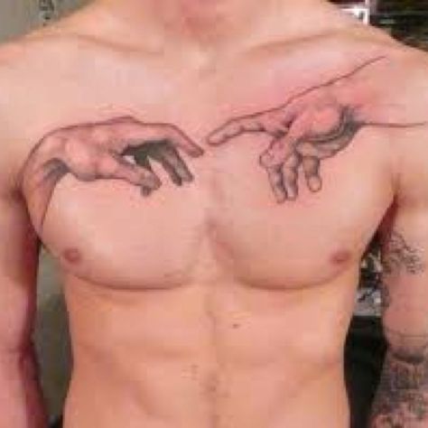 Amazing tattoo!!! God's Touch Tattoo, Creation Of Adam Chest Tattoo, God Touching Man Tattoo, Adam Touching Gods Hand Tattoo, Tattoo Of God, Michaelangelo Hands Tattoo, Touch Of God Tattoo, Michaelangelo Tattoos, Fingers Touching Tattoo