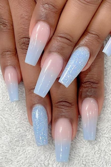 blue ombre nails Ombre Baby Blue Nails, Ongles Baby Blue, Cinderella Nails, Blue Nail Ideas, Short Coffin Nails Designs, Pale Pink Nails, Nail Laquer, Blue Ombre Nails, Blue Coffin Nails