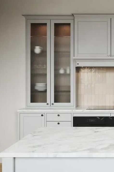 Clear Glass Cabinets Kitchen, Modern Glass Cabinets Kitchen, Ribbed Glass Cabinet Kitchen, Ribbed Glass Kitchen Cabinets, Textured Glass Kitchen Cabinets, Adding Glass To Kitchen Cabinets, Reed Glass Kitchen Cabinets, Kitchen Upper Cabinets Ideas Glass Doors, Glass Upper Cabinets Kitchen