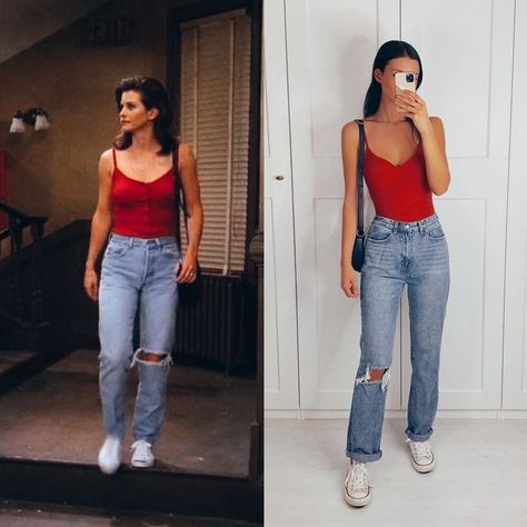 Monica Jeans Outfit, Outfit Ideas Friends Inspired, Monica Geller Best Outfits, 90s Outfit Monica Geller, Monica From Friends Outfit, Monica Inspired Outfits, Friends Inspired Outfits Monica, Friends Jeans Outfit, Monika Friends Outfit