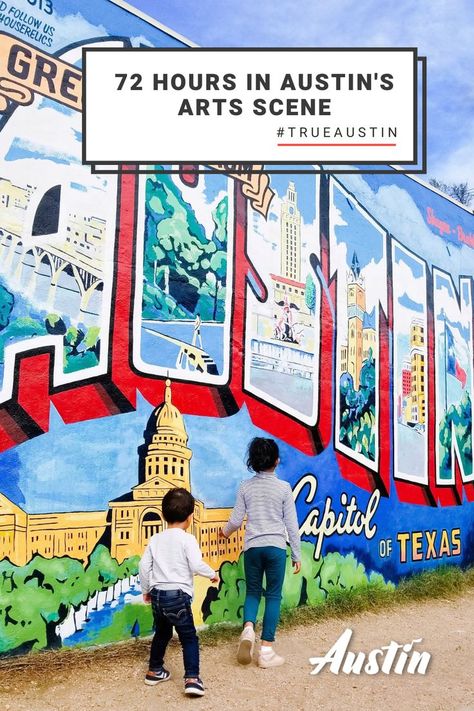 Austin is a buzzing hive of creativity. Spend three days exploring our exciting arts scene, which includes must-see museums and galleries, innovative performing arts companies, fascinating cultural centers and intriguing public art. Grab our 72-hour itinerary and go! Image shows the vintage postcard-style Greetings from Austin mural, by artists Rory Skagen and Bill Brakhage, painted on the side of Roadhouse Relics, a neon art studio and gallery in South Austin. Austin With Kids, Austin Activities, Family Vacations In Texas, Weekend In Austin, Things To Do In Austin, Visit Austin, Visit Texas, Austin Art, Kid Friendly Restaurants