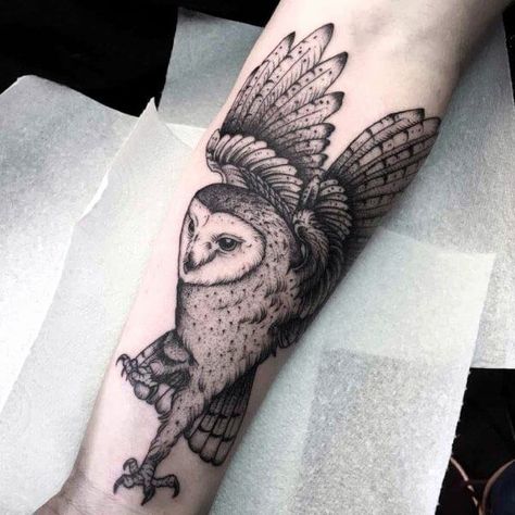 12+ Realistic Flying Owl Tattoo Designs and Ideas | PetPress Snowy Owl Tattoo, Owl Thigh Tattoos, Owl Forearm Tattoo, Mens Owl Tattoo, Barn Owl Tattoo, Owl Wings, Flying Tattoo, Owl Tattoo Design, Skeleton Hand Tattoo