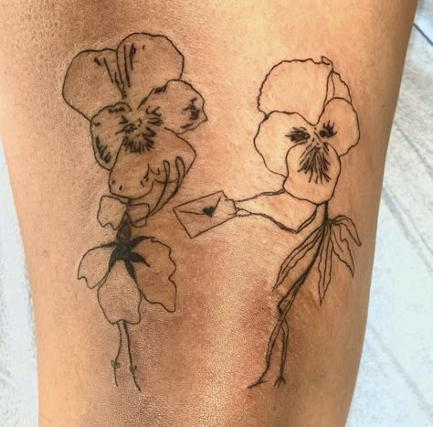 Pansy Tattoo Simple, Flower Basket Tattoo, Flower People Tattoo, Dancing Flowers Tattoo, Pansy Tattoo Black And White, Petunia Tattoo, Knee Tattoo Ideas, Pansy Tattoo, Hawaii Tattoos