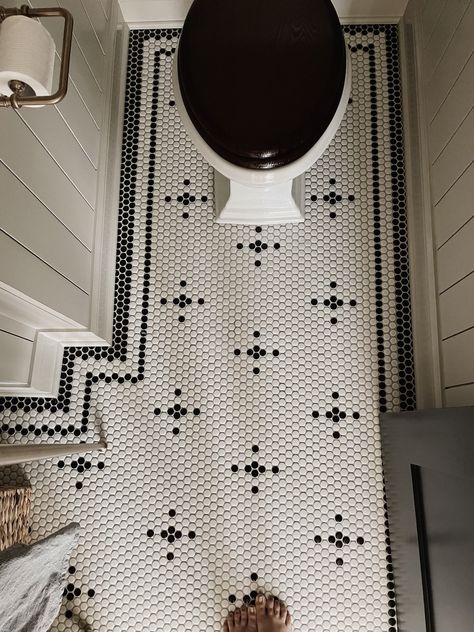 Before and After: Our Powder Room Reveal | We're the Whites Black And White Penny Tile, White Penny Tile Bathroom, Penny Tile Bathroom, Penny Tile Bathroom Floor, White Penny Tile, Tile Bathroom Floor, Penny Tile, Bathroom Floor, Tile Bathroom