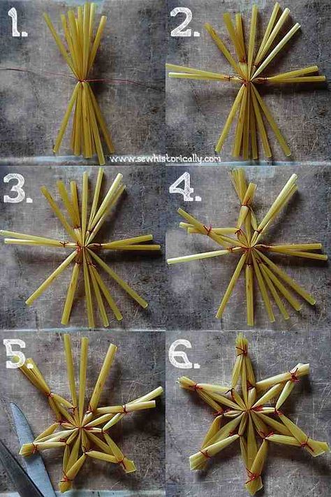 Straw star ornaments are easy to make at home. All you need for these natural Christmas ornaments is straw and a piece of thread. How To Make Straw Ornaments, Scandinavian Straw Ornaments Diy, Diy Christmas Star Decorations, Straw Christmas Tree Ornaments, Straw Stars Diy Christmas Decorations, Christmas Tree Star Diy, Christmas Nature Crafts, Nature Crafts For Adults Diy, Home Made Christmas Decorations