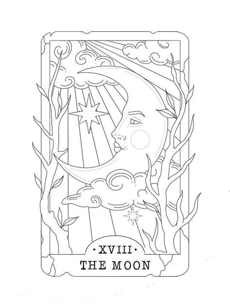 La Luna Tarot Card Tattoo, Tarot Card Tattoo Design Simple, Tarot Colouring Pages, The Moon Tarot Card Drawing, The Moon Tattoo Tarot, Tarot Card Outline, Tarot Cards Tattoo Ideas, Easy Tarot Card Drawing, Tarot Cards Drawing