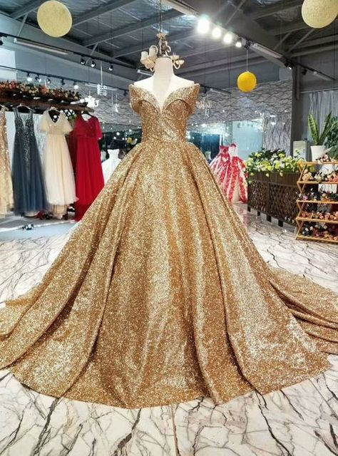 Prom Dresses Gold, Gold Ball Gown, Gold Glitter Dress, Baju Kahwin, Fantasy Clothes, Haute Couture Dresses, Luxury Wedding Dress, فستان سهرة, Glitter Dress