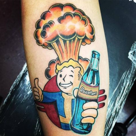 Fallout 4 Tattoos, Fallout Tattoo, Nuka Cola Quantum, Gamer Tattoos, 4 Tattoo, Gaming Tattoo, Gambling Tattoo, Gambling Party, Boy Tattoos