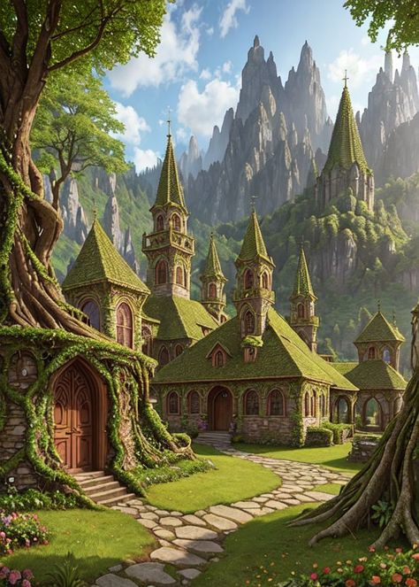 Solarpunk Town, Solarpunk Village, Fantasy World Inspiration, Elven City, Fantasy Village, Fantasy Town, Location Inspiration, Fantasy Castle, Fantasy House