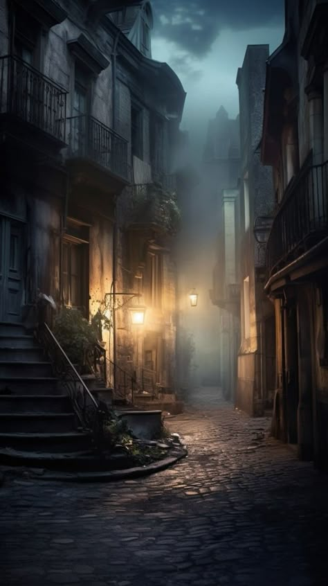 Victorian Bachelor Pad, Creepy City Aesthetic, Alleyway Background, Victorian Street, Halloween Street, Eerie Places, Dark Academia Wallpaper, Dark Street, Victorian London