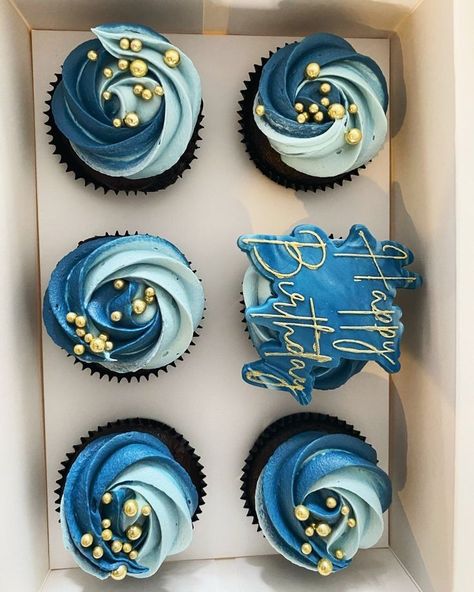 Blue Silver Gold Cupcakes, Blue And Gray Cupcakes, 18th Bday Cupcake Ideas, Cupcakes For A Mans Birthday, Men Cupcakes Ideas, Cupcakes Men Birthday, Cupcakes For Him Birthday, Cupcake Decoration For Men, Blue Cupcake Ideas Birthday