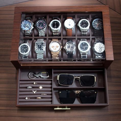 KAMIER 12 Slots Watch Box Case Organizer Display for Men,Two-Tier Wooden Watch Box Organizer For Men with watch holder and Drawer,Walnut Color:Walnut Watch Drawer Organizer, Watch Organizer Drawer, Watch And Jewelry Storage, Watch Drawer In Wardrobe, Watch Holder For Men, Bedroom Accessories For Men, Watch Case For Men, Watch Organizer Diy, Watch Display Ideas