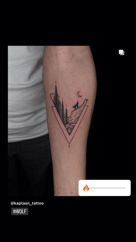 #wolf #wolftattoo #mountains #mountainstattoo #mountainslovers #wolflover #traveller #naturetattoo #naturelovers #tattooideas #tattooformen #tattoodesign #tattooinahmedabad #tattoobykaptaan #kaptaantattoo Wolf On Mountain Tattoo, Minimalistic Wolf Tattoo, Wolf And Mountain Tattoo, Mountain Lion Tattoo, Mountains Tattoo, Abstract Wolf, Scene Tattoo, Mountain Tattoo, Small Tattoos For Guys