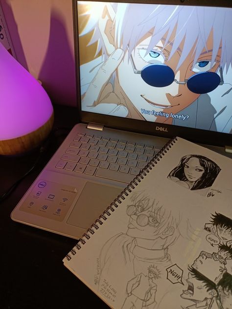 Gojo saying are you lonely? On the laptop screen and gojo drawing on the book next to the laptop Gojo Birthday Art, Jjk Birthday, Guy Bedroom Aesthetic, Watching Anime Aesthetic, Gojo Birthday, Jujutsu Kaisen Aesthetic, Anime Computer, Anime Vibe, My Birthday Month