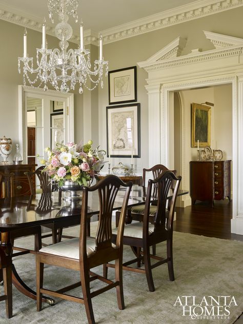 Georgian Splendor - AH&L Traditional Dining Room Furniture, Dining Room Decor Traditional, Baccarat Chandelier, Dining Room Furniture Design, Dining Room Decor Modern, Traditional Dining Tables, Classic Dining Room, Traditional Dining Rooms, Dining Room Wallpaper