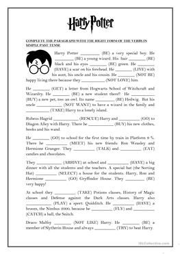 SIMPLE PAST TENSE - Harry Potter Harry Potter Worksheets Printables, Past Simple Esl, Tefl Worksheets, Past Worksheets, Harry Potter English, Past Tenses, Story Worksheet, Simple Past, Simple Past Tense