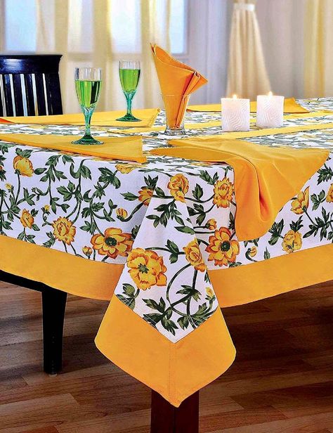 Dining Table Cloth, Yellow Border, Linen Store, Floral Tablecloth, Table Runner And Placemats, Kitchen Crafts, Table Cloths, Cotton Tablecloths, Boho Home