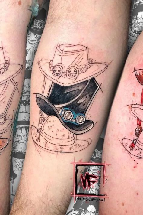 Luffy, Ace and Sabo's hats tattoo design Ace Tattoo One Piece, One Piece Tattoo Ideas, Piece Tattoo Ideas, Coverup Tattoo Ideas, One Piece Tattoo, Ace Tattoo, Pikachu Tattoo, Action Figure One Piece, Coverup Tattoo