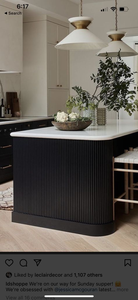 White Oak Kitchen Black Island, Ribbed Kitchen Island, Flute Panel Kitchen Island, Painted Fluted Cabinet, Ribbed Kitchen Cabinets, Fluted Kitchen, Ribbed Island Kitchen, Reeded Kitchen Cabinets, Reeded Island