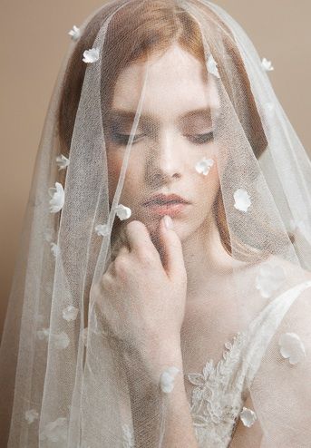 Delicate tiny flowers and  petals sprinkled on a Simple Drop Veil - Pretty, fresh take on a timeless veil! Bride Hairstyles With Veil, Veil Inspiration, Veil Ideas, Bohemian Weddings, 4 Friends, Blusher Veil, Preowned Wedding Dresses, Long Veil, Silk Tulle