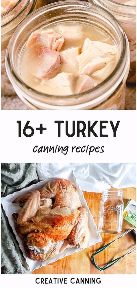 Dive into these 16+ turkey canning recipes, a key component of home canned meats recipes. Whether you're dealing with leftover turkey or just bought turkey in bulk, these recipes have you covered. From canning turkey meat to making broth, soup, pot pie filling, and stock from the carcass, they're adaptable for both cooked and raw turkey. Explore more pressure canning recipes, canning meals in jars, and meal canning recipes at creativecanning.com Canning Beef Pot Pie Filling, Canning Turkey Recipes, Canning Turkey Soup Recipes, Canning Turkey Pot Pie Filling, Home Canned Soup Recipes, Pressure Canning Meat Recipes, How To Can Soup With Meat, Canning Turkey Meat, Canning Meat Recipes