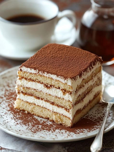 Ingredients:  2 cups flour 1 tsp baking powder ½ tsp salt 1 cup sugar ¾ cup butter 3 eggs ½ cup brewed coffee Mascarpone frosting  Instructions:  Mix dry ingredients and set aside.  Cream butter and sugar, beat in eggs, and add brewed coffee.  Bake at 350°F (175°C) for 25-30 minutes.  Frost with mascarpone and dust with cocoa powder.  A slice reveals the rich coffee flavor of this layered cake. Cake And Coffee, Mascarpone Frosting, Cream Butter, Tiramisu Cake, Layered Cake, Food Therapy, 3 Eggs, Brewed Coffee, Food Recepie