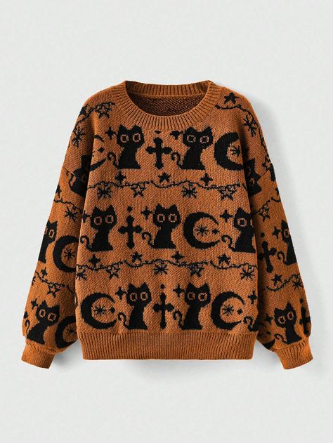 Halloween Black Cat Pullover Sweater Multicolor   Long Sleeve Knitwear  Pullovers Slight Stretch  Women Clothing, size features are:Bust: ,Length: ,Sleeve Length: Funky Sweaters, Black Cat Outfit, Cozy Fall Sweater, Halloween Sweaters, Halloween Cardigan, Fall Wishlist, Pumpkin Sweater, Goth Halloween, Simple Scarf