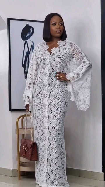 Latest Cord Lace Gown Styles, Bubu Gown Styles Lace, Latest Cord Lace Styles, Cord Lace Gown Styles, Simple White Lace Dress, Cord Lace Styles, White Lace Outfit, Latest Lace Styles, Lace Dress Classy