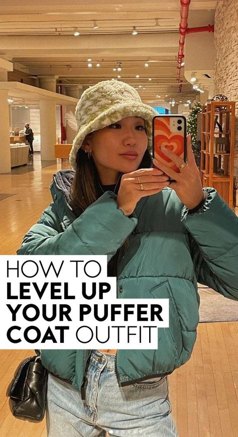 These puffer coat outfit ideas will take cozy and cute to the next level. #style #ootd #fashion Short Puffer Outfit, Winter Fashion Puffer Jacket, How To Style Puffer Jacket Women, Casual Puffer Jacket Outfit, Short Puffer Jacket Outfit Winter Style, Winter Female Outfits, Styling A Puffer Jacket, Puffer Outfits For Women, Puffer Jacket Outfit Green