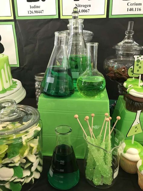 Mad Science Lab Birthday Party Ideas | Photo 6 of 22 | Catch My Party Laboratory Party Ideas, Green Aesthetic Science, Science Lab Birthday Party, Mad Science Halloween Party, Biology Grad Party, Alien Halloween Party Ideas, Rick And Morty Party Decorations, Alien Birthday Party Ideas, Rick And Morty Birthday Party Ideas