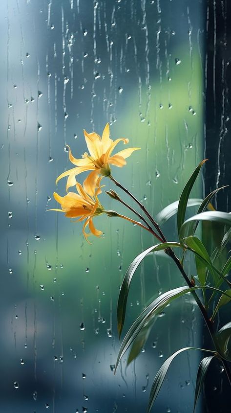 A rain scene with plant flower petal glass. | premium image by rawpixel.com Image Of Flowers Beautiful, Rain Pictures Photography, Abstract Nature Photography, Rainy Days Wallpaper, Rain Images Beautiful, Rain On Leaves, Flowers In Rain, Botany Aesthetic, Beautiful Flower Wallpaper