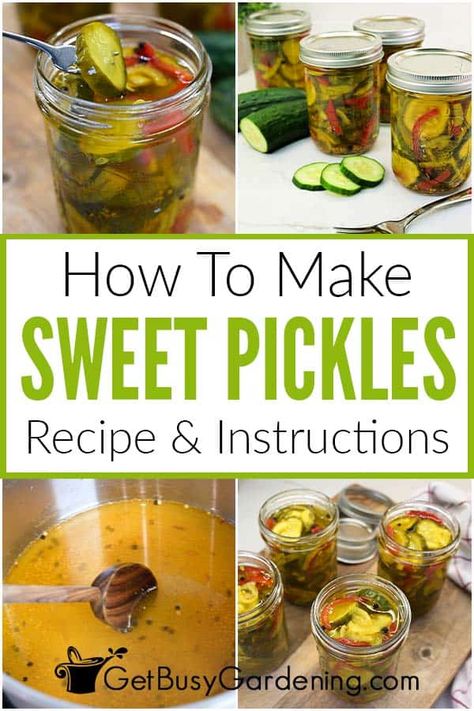 Sweet Refrigerator Pickle Recipe, Sweet Mixed Pickles Canning Recipes, Canning Sweet Gherkin Pickles, Canning Sweet Pickles Recipe, How To Make Sweet Pickles, Easy Sweet Pickle Recipe, Sweet Gherkins Pickles Recipes, Canned Sweet Pickles Recipe, Sweet Pickles Homemade Canning