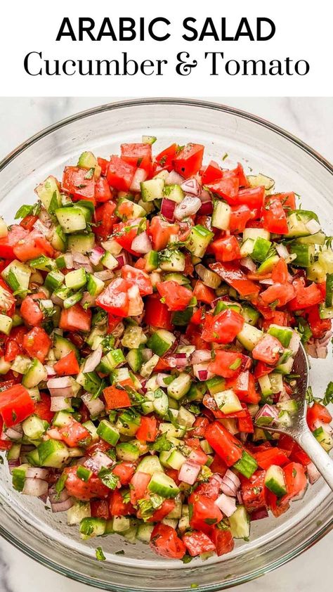 This traditional Arabic salad combines chopped tomatoes, cucumbers, and onions with spices and herbs for a refreshing, delicious side dish! Arabic Salad, Orange Salad Recipes, Kofta Recipe, Middle East Recipes, Lent Recipes, Cucumbers And Onions, Cucumber Tomato Salad, Fruit Salad Recipes, Spices And Herbs