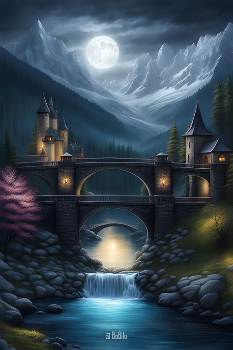 Embark on a journey through ancient fantasy realms with stunning digital depictions of castles nestled in mountainous landscapes, illuminated by the ethereal glow of the moon Fantasy Castles, Magical Elements, Large Houses, Paintings Acrylic, Castle Art, Landscape Paintings Acrylic, Fantasy Castle, Beautiful Dark Art, Beautiful Evening