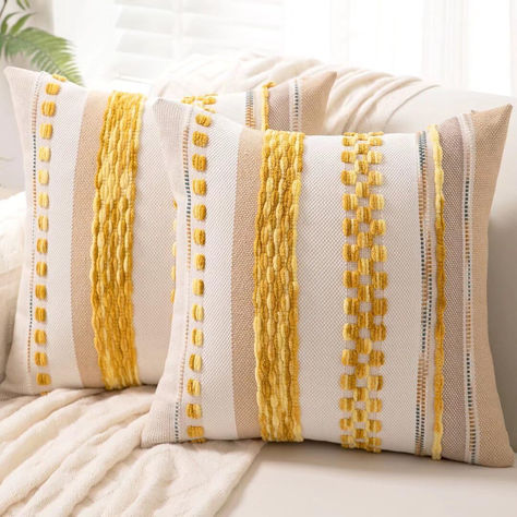 Boho Throw Pillow Covers 18x18 Set of 2 Farmhouse Decorative Cushion Case Striped Square , click on link to purchase #promotion Boho Pillow Covers, Boho Throw Pillow, Square Pillows, Couch Pillow Covers, Yellow Bedding, Boho Throws, Chenille Pillow, Blue Pillow Covers, Boho Throw Pillows