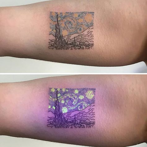 Even More Artsy Than The Piece Of Art Itself #starrynight Van Gogh Tattoo, Glow Tattoo, Black Light Tattoo, Neon Tattoo, Night Tattoo, Uv Tattoo, Kunst Tattoos, Light Tattoo, White Ink Tattoo