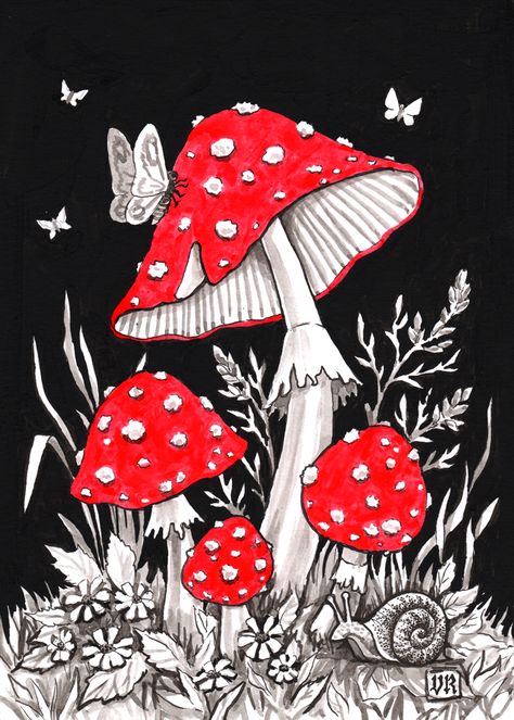 red and black india ink on paper Vasilisa Romanenko, Drawing Mushrooms, Animal Skull Drawing, Mushroom Paint, Mushroom Wallpaper, Image Halloween, Mushroom Drawing, Jacket Ideas, Animal Skull