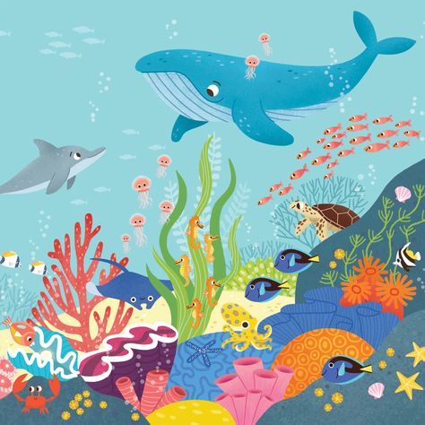 Under Water Illustrations, Whale Illustration Cute, Undersea Illustration, Under The Sea Drawing, Under The Sea Mural, Sea Animal Illustration, Under The Sea Illustration, Under The Sea Drawings, Dolphin Illustration