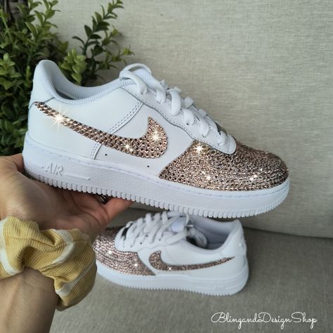 Bling Nike Air Force 1 07 Shoes Customized With Vintage Pink Swarovski Crystals, Bling Nike Shoes Color Of Shoe: Pure White I Use Vintage Pink Swarovski Crystal Stones On The Nike Swoosh And Toe Area ( As Shown In Picture)~ Want A Different Color Crystal? Message Me For Details- True To Size- My Shoes I Sell Are 100% Authentic From Nike Or Authorized Retail Sellers. Shoes Are Made To Order & Are Not Returnable. So Please Make Sure You Order The Correct Size. If Unsure, Try Shoe On In Store Befor Bling Nike, Bling Nike Shoes, Shoes Customized, Custom Bling, White Shoes Women, Bling Shoes, Rhinestone Shoes, Pink Swarovski, Nike Air Force 1 07