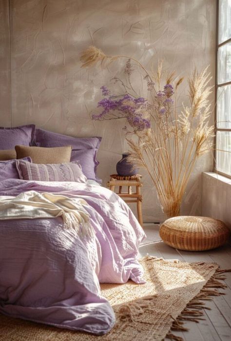 Sparse Decor, Lavender Boho Bedroom, Lavender Bedroom, Lavender Room, Lavender Decor, Dressing Room Decor, Zen Zone, Purple Bedroom, Zen Bedroom