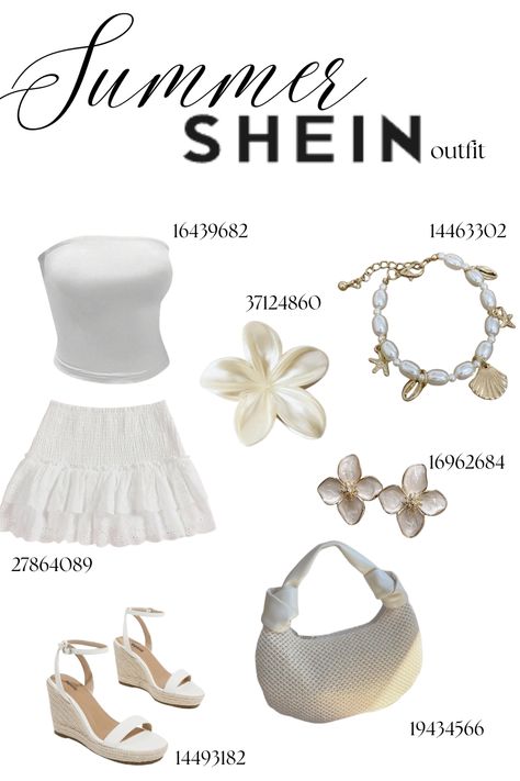 summer shein white outfit, boho style outfit, girly affordable summer outfit Beach Wear Outfits Shein, Caribbean Holiday Outfits, Vaca Outfits Beach Vacations, Holiday Outfits Summer Aesthetic, Shein Outfits Summer 2024 Codes, Caribbean Vacation Outfit Ideas, California Outfits Summer, Shein Codes Outfits, White Vacation Outfit