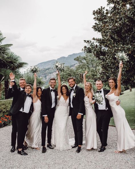 Black Groomsmen Champagne Bridesmaids, Black Tux Bridal Party, Lake Como Bridesmaid Dresses, Black Tux Wedding Party, Black Bridesmaid Dresses With Groomsmen, Groomsmen Shots, Groomsmen Attire Black, Bridesmaid Color Scheme, Black Tux Wedding