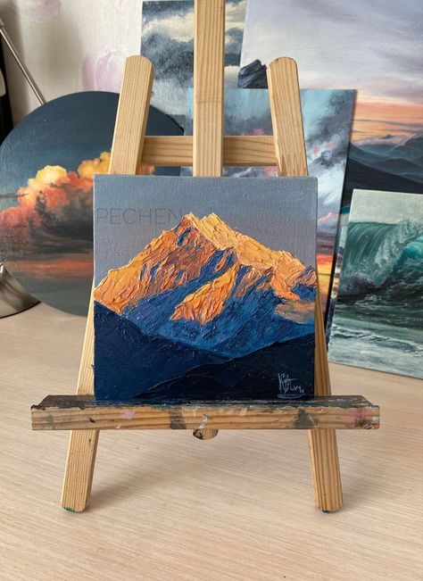 Mini Canvas Mountain Paintings, Small Oil Paintings Easy, Oil Painting On Small Canvas, Mountains Oil Painting, Oil Paintings Easy, Mountains Painting Simple, Easy Oil Painting Ideas For Beginners, Small Oil Paintings, Painting Ideas Mountains