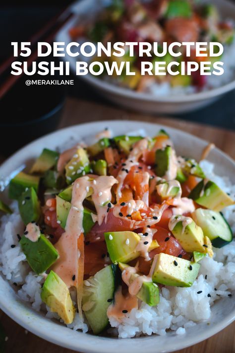 15 Simple and Delicious Deconstructed Sushi Bowl Recipes California Bowl Recipe, Homemade Sushi Bowl Recipes, Diy Sushi Bowl, Easy Sushi Bowl Recipes, Sushi Roll In A Bowl, Sushi Bowl Recipes, Sushi In A Bowl, Deconstructed Sushi Bowl, Shrimp Sushi Bowl