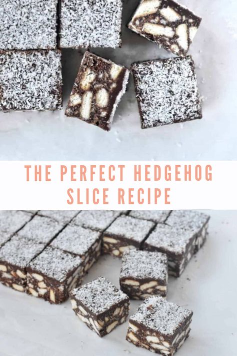 From my highly scientific research into hedgehog slice (i.e. lots and lots of taste testing), I’ve come to the conclusion the perfect hedgehog slice should be packed full of biscuits, have a rich chocolate flavour and shouldn’t be sticky. It took many, many trial batches but this is the one! I present to you: the perfect hedgehog slice recipe. #specialtydessert #easydessertrecipe #easydessertbarrecipe #dessertslicerecipe #hedgehogslicerecipe Hedgehog Recipe, Hedgehog Slice, Easy Dessert Bars, Chocolate And Coconut, Yummy Biscuits, Slice Recipe, Shortbread Biscuits, Slices Recipes, Chocolate Topping