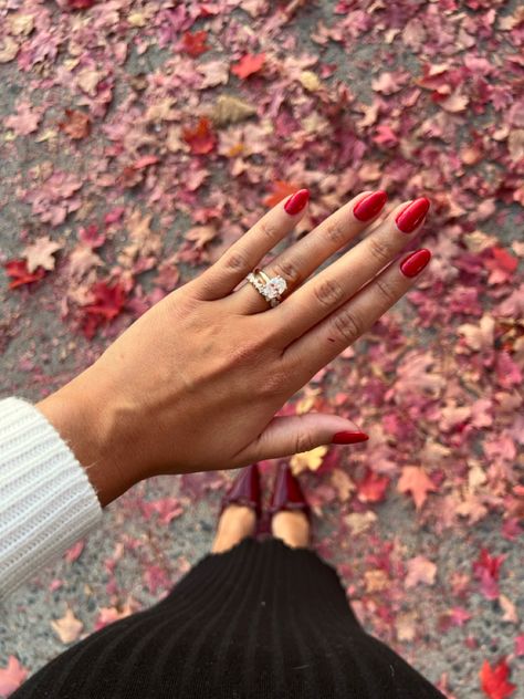 Oval solitaire engagement ring and wedding band with red nails Red Nails Engagement Ring, Nails Engagement Ring, Nails Engagement, Engagement Ring And Wedding Band, Oval Solitaire Engagement Ring, Solitaire Engagement, Solitaire Engagement Ring, Red Nails, Wedding Band