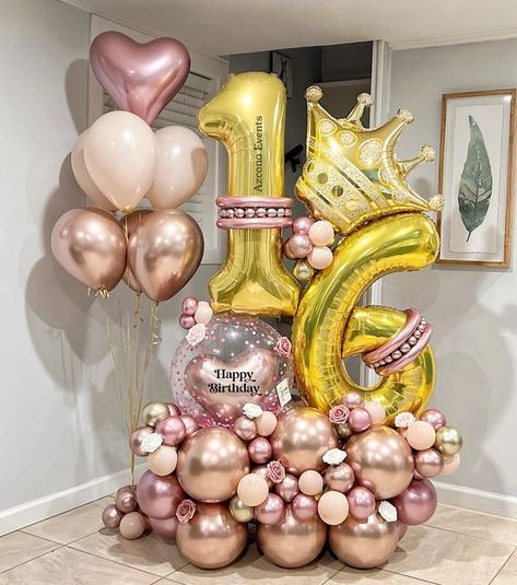 16 Ballon Arrangement, 15 Birthday Balloon Bouquet, Sweet 16 Balloon Ideas, Sweet 16 Balloon Bouquet, Birthday Ballons Bouquets, 16th Birthday Balloon Ideas, Balloon Number Bouquet, Sweet 16 Balloon Arch, 16 Balloon Bouquet