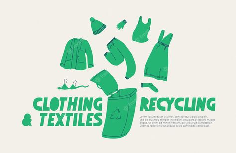 Premium Vector | Clothing recycling a poster calling for the recycling of clothing footwear and textiles vector trend flat illustration Upcycle Illustration, Recycle Clothes Upcycling, Thrifting Illustration, Thrift Clothes Logo, Sustainable Fashion Poster, Recycle Graphic Design, Illustration Sustainability, Recycling Graphic, Thrift Design