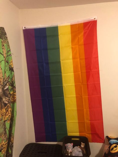 Pride Flag Bedroom, Instax Wall, Flag On Wall, Flag Room Decor, Harry Danger, Dorm Aesthetic, Vibe Rooms, Rainbow Flag Lgbt, Future Bedroom