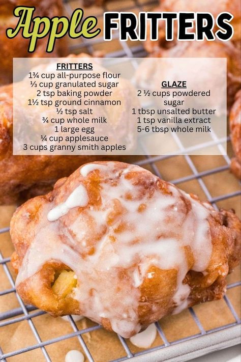 Homemade Apple Fritters are filled with fresh apples and the warm flavors of fall. These crispy, deep-fried donuts, dipped in a sweet glaze, are drool-worthy! Whip up a batch of these easy apple fritters in under 20 minutes. #applefritters #apple #falldessert Fall Tea Party Desserts, Apple Fritter Donuts Recipe, Apple Fritters Recipe Easy Fried, Apple Fritters Recipe Easy, Deep Fried Donut Recipe, Baked Apple Fritters Recipe, Fried Apples Recipe Easy, Fried Apple Fritters, Apple Fritter Bread Recipe